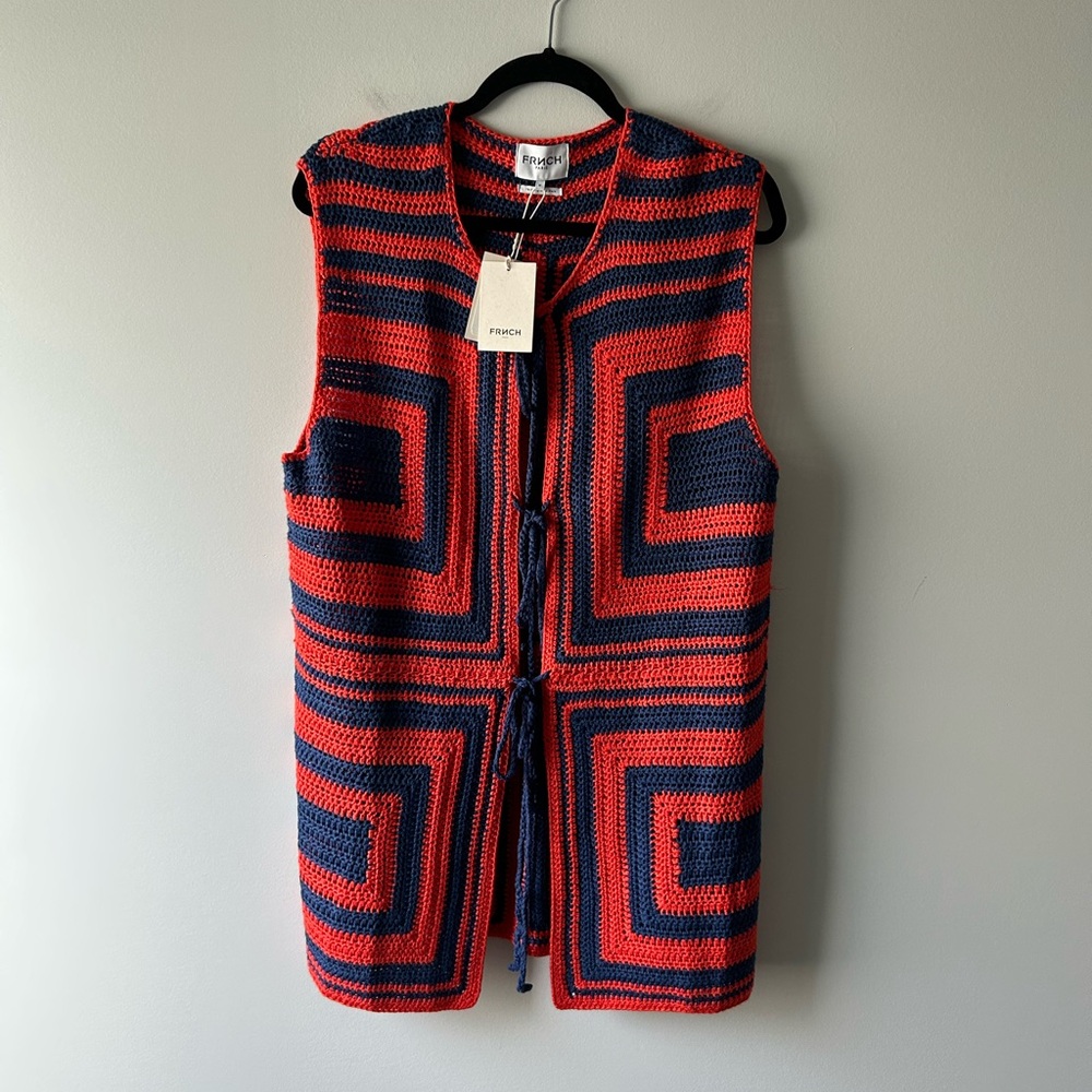 Frnch blue and orange crochet knit vest top